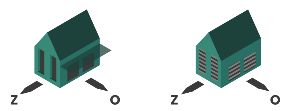 Links een woning met natuurlijke zonwering door overstek en diepliggende ramen. Rechts een woning met traditionele zonwering zoals rolluiken.