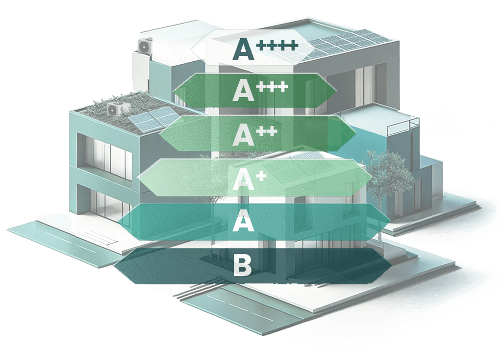 Cluster energiezuinige gebouwen voorzien van een BENG berekening met energielabel.