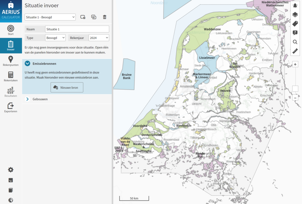De interface van de AERIUS Calculator, de software waarmee een stikstof berekening worden uitgevoerd.