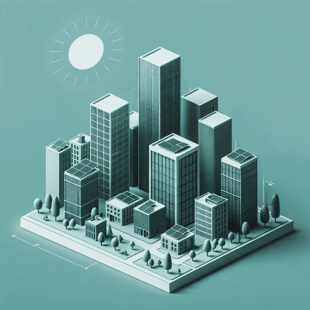 Bebouwde omgeving met schaduwval en een zon in de lucht. In kaart gebracht met een bezonningsstudie